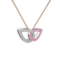 Taşlı Leaf Kolye - Pembe kuvars ve pırlanta 925 ayar gümüş kolye (0.154 karat, 40 cm rose altın rolo zincir) #1qebpvb