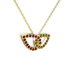 Dumanlı kuvars ve rodolit garnet 18 ayar altın kolye (40 cm altın rolo zincir)
