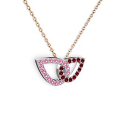 Taşlı Leaf Kolye - Garnet ve pembe kuvars 14 ayar beyaz altın kolye (40 cm rose altın rolo zincir) #1rjkfk4