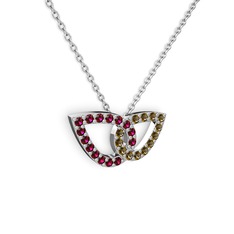 Dumanlı kuvars ve rodolit garnet 8 ayar beyaz altın kolye (40 cm beyaz altın rolo zincir)