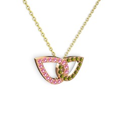 Peridot ve pembe kuvars 8 ayar rose altın kolye (40 cm altın rolo zincir)