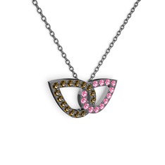 Pembe kuvars ve dumanlı kuvars 925 ayar siyah rodyum kaplama gümüş kolye (40 cm gümüş rolo zincir)