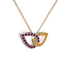 Sitrin ve rodolit garnet 14 ayar beyaz altın kolye (40 cm rose altın rolo zincir)