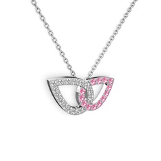 Pembe kuvars ve swarovski 14 ayar beyaz altın kolye (40 cm beyaz altın rolo zincir)