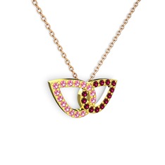 Taşlı Leaf Kolye - Rodolit garnet ve pembe kuvars 8 ayar altın kolye (40 cm gümüş rolo zincir) #24xzfr