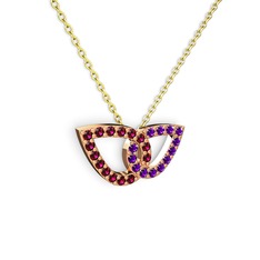 Taşlı Leaf Kolye - Ametist ve rodolit garnet 14 ayar rose altın kolye (40 cm altın rolo zincir) #2hj0gs