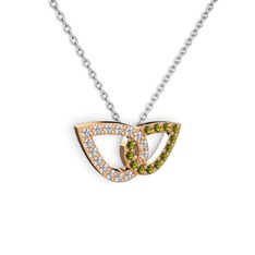 Taşlı Leaf Kolye - Peridot ve pırlanta 14 ayar rose altın kolye (0.154 karat, 40 cm beyaz altın rolo zincir) #2ynpvt