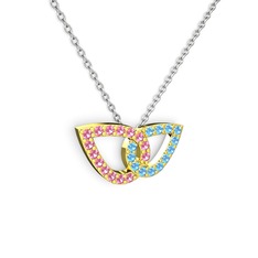 Taşlı Leaf Kolye - Akuamarin ve pembe kuvars 14 ayar altın kolye (40 cm beyaz altın rolo zincir) #39vljt