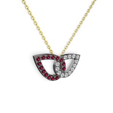Taşlı Leaf Kolye - Swarovski ve rodolit garnet 925 ayar siyah rodyum kaplama gümüş kolye (40 cm altın rolo zincir) #56ugig