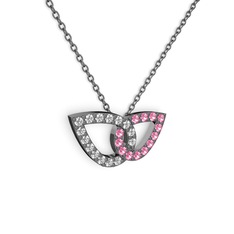 Pembe kuvars ve swarovski 925 ayar siyah rodyum kaplama gümüş kolye (40 cm gümüş rolo zincir)