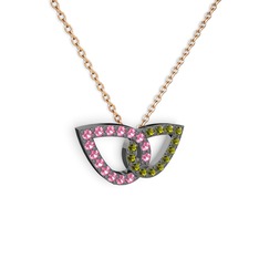 Taşlı Leaf Kolye - Peridot ve pembe kuvars 925 ayar siyah rodyum kaplama gümüş kolye (40 cm rose altın rolo zincir) #5nxjc2