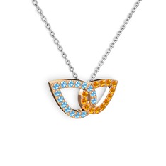 Taşlı Leaf Kolye - Sitrin ve akuamarin 14 ayar rose altın kolye (40 cm beyaz altın rolo zincir) #5x0fit