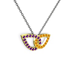 Taşlı Leaf Kolye - Sitrin ve ametist 8 ayar altın kolye (40 cm gümüş rolo zincir) #88d401