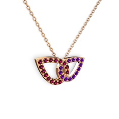 Taşlı Leaf Kolye - Ametist ve rodolit garnet 18 ayar rose altın kolye (40 cm rose altın rolo zincir) #90l5ea