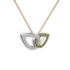Taşlı Leaf Kolye - Peridot ve beyaz zirkon 14 ayar beyaz altın kolye (40 cm rose altın rolo zincir) #9o43cr