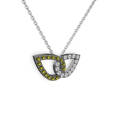 Beyaz zirkon ve peridot 925 ayar siyah rodyum kaplama gümüş kolye (40 cm beyaz altın rolo zincir)