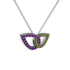 Peridot ve ametist 925 ayar siyah rodyum kaplama gümüş kolye (40 cm gümüş rolo zincir)