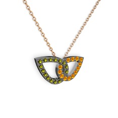 Taşlı Leaf Kolye - Sitrin ve peridot 925 ayar siyah rodyum kaplama gümüş kolye (40 cm rose altın rolo zincir) #b3n3p8