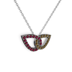 Taşlı Leaf Kolye - Dumanlı kuvars ve rodolit garnet 925 ayar siyah rodyum kaplama gümüş kolye (40 cm beyaz altın rolo zincir) #bzst9j