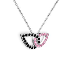 Pembe kuvars ve siyah zirkon 925 ayar gümüş kolye (40 cm beyaz altın rolo zincir)