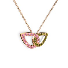 Peridot ve pembe kuvars 14 ayar rose altın kolye (40 cm rose altın rolo zincir)