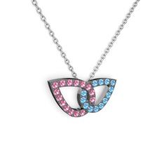Taşlı Leaf Kolye - Akuamarin ve pembe kuvars 925 ayar siyah rodyum kaplama gümüş kolye (40 cm beyaz altın rolo zincir) #fkhxcc