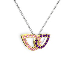 Taşlı Leaf Kolye - Ametist ve pembe kuvars 14 ayar altın kolye (40 cm beyaz altın rolo zincir) #fthadj