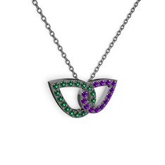 Taşlı Leaf Kolye - Ametist ve yeşil kuvars 925 ayar siyah rodyum kaplama gümüş kolye (40 cm gümüş rolo zincir) #gb37jh