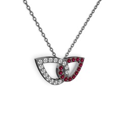 Taşlı Leaf Kolye - Rodolit garnet ve beyaz zirkon 925 ayar siyah rodyum kaplama gümüş kolye (40 cm gümüş rolo zincir) #j5jv2a