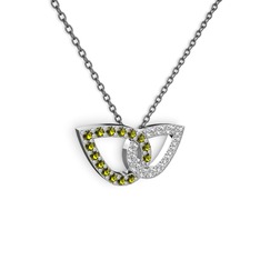 Taşlı Leaf Kolye - Pırlanta ve peridot 8 ayar beyaz altın kolye (0.154 karat, 40 cm gümüş rolo zincir) #jgic8q