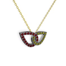 Taşlı Leaf Kolye - Peridot ve garnet 925 ayar siyah rodyum kaplama gümüş kolye (40 cm altın rolo zincir) #k4b66d