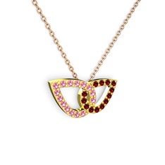 Taşlı Leaf Kolye - Garnet ve pembe kuvars 18 ayar altın kolye (40 cm rose altın rolo zincir) #n3812h