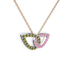 Pembe kuvars ve peridot 18 ayar beyaz altın kolye (40 cm rose altın rolo zincir)