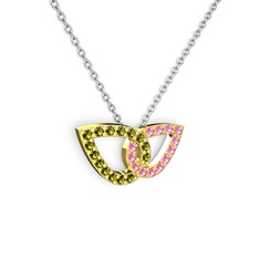 Taşlı Leaf Kolye - Pembe kuvars ve peridot 18 ayar altın kolye (40 cm beyaz altın rolo zincir) #obaccb