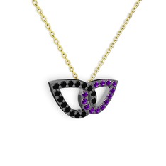 Taşlı Leaf Kolye - Ametist ve siyah zirkon 925 ayar siyah rodyum kaplama gümüş kolye (40 cm altın rolo zincir) #oqbzvf