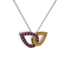 Taşlı Leaf Kolye - Sitrin ve rodolit garnet 925 ayar siyah rodyum kaplama gümüş kolye (40 cm beyaz altın rolo zincir) #pa7wej