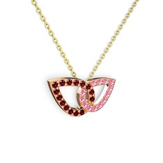Taşlı Leaf Kolye - Pembe kuvars ve garnet 8 ayar rose altın kolye (40 cm altın rolo zincir) #pbd4mq