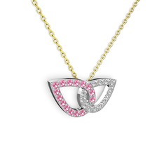 Taşlı Leaf Kolye - Swarovski ve pembe kuvars 925 ayar gümüş kolye (40 cm altın rolo zincir) #pj05p0