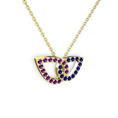 Taşlı Leaf Kolye - Lab safir ve ametist 925 ayar altın kaplama gümüş kolye (40 cm altın rolo zincir) #q8i87q