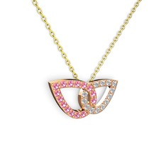 Taşlı Leaf Kolye - Swarovski ve pembe kuvars 8 ayar rose altın kolye (40 cm altın rolo zincir) #qdz72