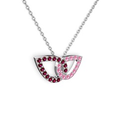 Taşlı Leaf Kolye - Pembe kuvars ve rodolit garnet 14 ayar beyaz altın kolye (40 cm beyaz altın rolo zincir) #qh64qp