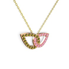 Taşlı Leaf Kolye - Pembe kuvars ve peridot 8 ayar rose altın kolye (40 cm altın rolo zincir) #rfrre2