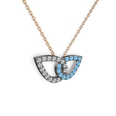 Taşlı Leaf Kolye - Akuamarin ve beyaz zirkon 925 ayar siyah rodyum kaplama gümüş kolye (40 cm rose altın rolo zincir) #ri2fuj