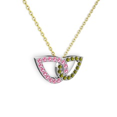 Taşlı Leaf Kolye - Peridot ve pembe kuvars 14 ayar beyaz altın kolye (40 cm altın rolo zincir) #rnd8mx