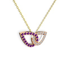 Taşlı Leaf Kolye - Swarovski ve ametist 8 ayar rose altın kolye (40 cm altın rolo zincir) #rs0tf5