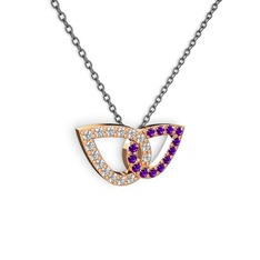 Ametist ve pırlanta 925 ayar rose altın kaplama gümüş kolye (0.154 karat, 40 cm gümüş rolo zincir)