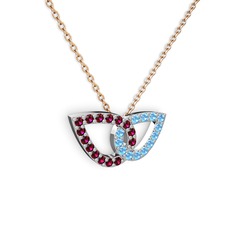Akuamarin ve rodolit garnet 14 ayar beyaz altın kolye (40 cm rose altın rolo zincir)