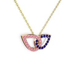 Taşlı Leaf Kolye - Lab safir ve pembe kuvars 18 ayar rose altın kolye (40 cm gümüş rolo zincir) #up2tal