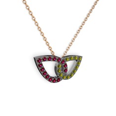 Peridot ve rodolit garnet 925 ayar siyah rodyum kaplama gümüş kolye (40 cm rose altın rolo zincir)