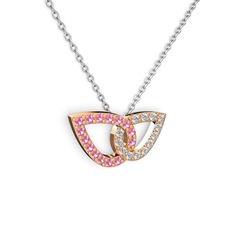 Taşlı Leaf Kolye - Swarovski ve pembe kuvars 8 ayar rose altın kolye (40 cm beyaz altın rolo zincir) #wn2588